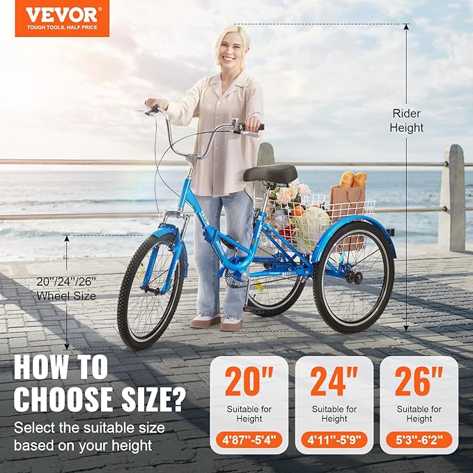 VEVOR Folding Adult Tricycle,Adult Folding Trikes, 3 Wheel Cruiser Bike with Large Basket & Adjustable Seat, Shopping Picnic Foldable Tricycles for Women, Men, Seniors