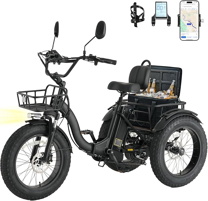 Skeri Electric Tricycle for Adults, 750W(Peak 1350W) Motor Etrike, 20"x4" Folding Fat Tire Electric Trike, 48V13Ah Battery, 3-Wheel Electric Bike, 20MPH, Front & Rear Basket & Differential