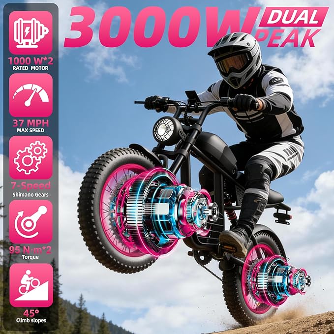 Electric Bike for Adults FX20 - 3000/1500W Electric Dirt Bike, 37/35MPH Fast 48V 25/18.9Ah 40-60 Miles Long Range E-Bike, 20" Fat Tire Off-Road Ebike, Mountain Bicycle, Hydraulic Brakes, UL 2849