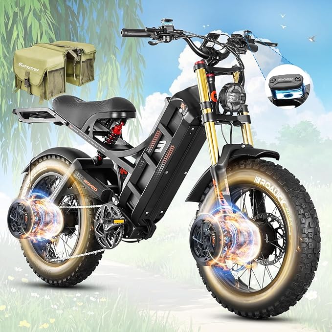 eAhora Romeo Pro/Ⅱ Electric Bike - 2025 34-40MPH 2500W Adults 52V/60Ah 200Mile Long Range Electric Bike, 20"*4.5 Fat Tire Fast Mountain E-Bike Off-Road Full Suspension Electric Bicycle for Men Women