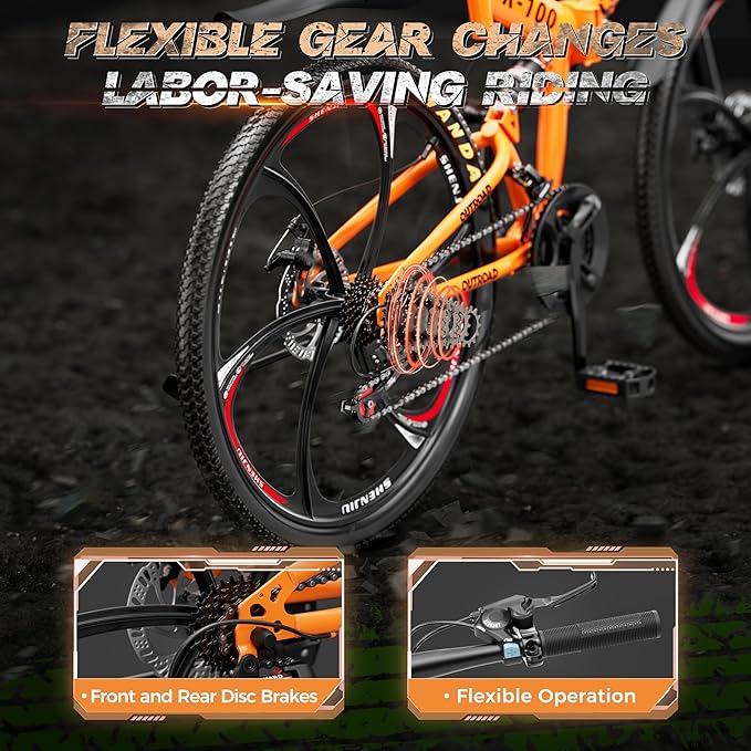 26 Inch Adult Folding Mountain Bike, 21 Speed Foldable Bicycle with Full Suspension, High Carbon Steel Frame, Folding Bikes for Men/Women/Teen, Dual Disc Brake