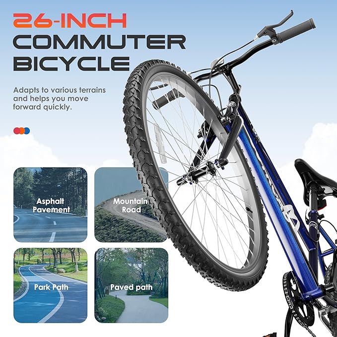 26 inch 7-Speed Commuter Bicycle,Men's Cruiser Bike/Mountain Bike/Hybrid Bicycle,V Brake,Metal Frame, Adult Bike (Black, White, Blue, Green, Purple, Pink)