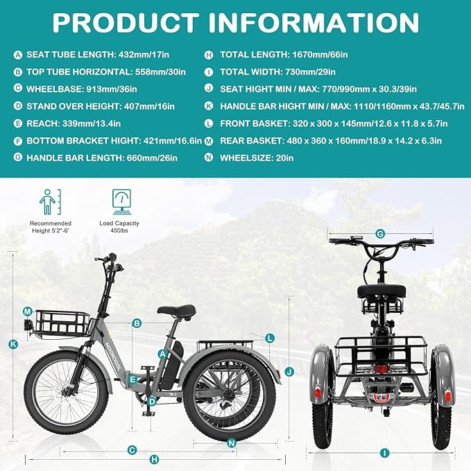 MOPHOTO Electric Tricycle for Adults, 20in 3 Wheels Folding Electric Bicycle Bikes, 48V 500W Electric Trike Ebike with Aluminum Frame, Removable Battery