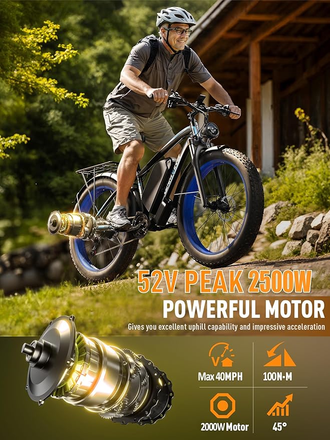 Ebike for Adults Electric, 52V 19.2Ah/32Ah, Peak 2000W/2500W E-Bike, 36/40MPH, 70 Miles/100Miles, Hydraulic Disc Brake, Off Road Snow Mountain E-Bike, 24"/26" Fat Tire Electric Bicycle UL2849 by SGS