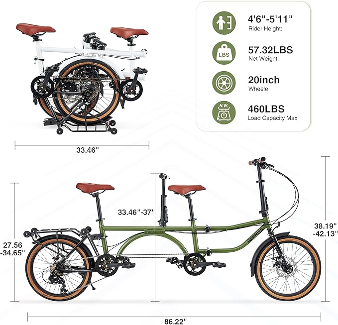 Folding Tandem Bike for Adults,20" Folding Bike Dual Drive Tandem Bicycle,Foldable with Rolling Stand for Easy Transport