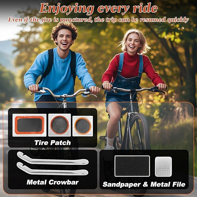 66PCS Bike Tire Repair Kit - Bike Tire Patch Kit with 56 Vulcanizing Patches, 2 Premium Stainless Steel Levers,Tools Inner Tube for Mountain Bike Accessories BMX Road Bicycle Ebike Scooter
