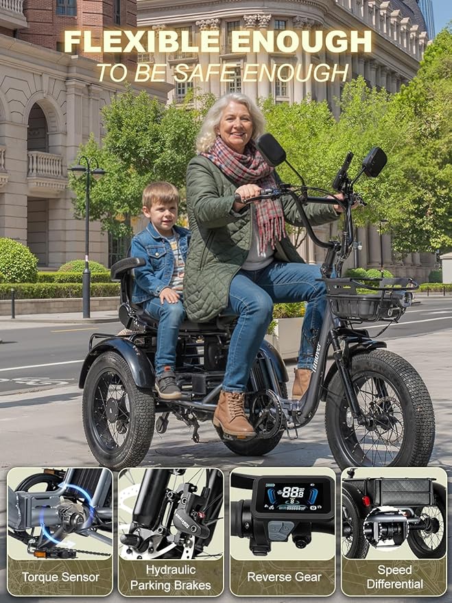 Folding Electric Tricycle for Adults 2 Seater, 22MPH 100 Miles 4" Wide Fat Tire Electric Trike, 3 Wheel Electric Bike 1200W, 48V 20AH Battery, 550LBS Load, Reverse, Parking, Differential, UL Certified