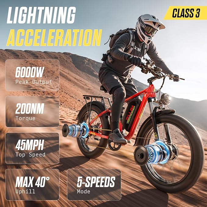 6000W Dual Motors Electric Bike for Adults,60V 20Ah 26" Fat Tire Ebike,45 mph up to 100 Miles Full Suspension Class 3 Electric Bicycle for Snow Off Road Mountain Hunting Commuter