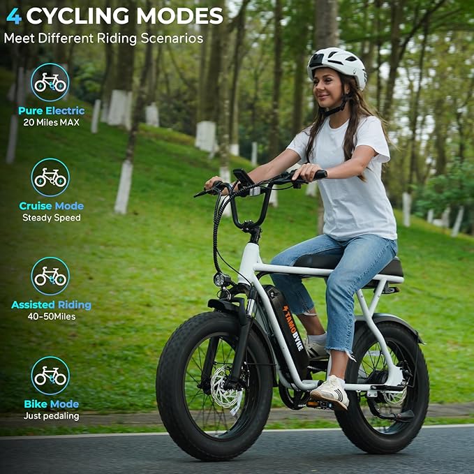T63 Multi-Color Electric Bike for Adults & Teens, 1000W Peak Motor, 20MPH 468Wh Remove Battery,20"x4"Fat Tire Ebike, Moped Style Comfortable Electric Bikes,Long Seat E Bikes for All-Terrain