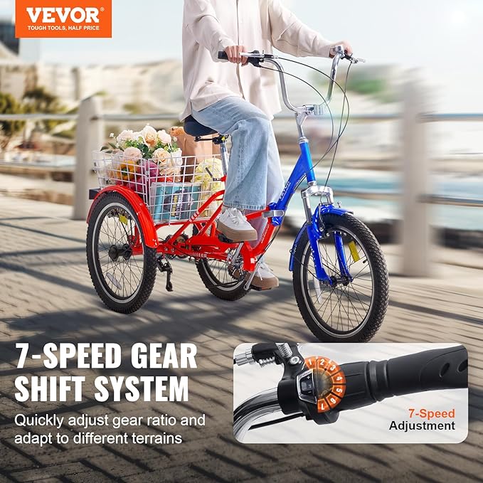 VEVOR Folding Adult Tricycle,Adult Folding Trikes, 3 Wheel Cruiser Bike with Large Basket & Adjustable Seat, Shopping Picnic Foldable Tricycles for Women, Men, Seniors