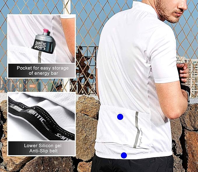 Santic Men's Cycling Jersey Short Sleeve Tops Pro Road Bike Shirt Full Zipper UPF 50+ MTB Jersey with Pockets