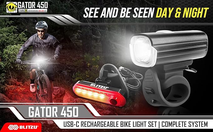 Bike Lights for Night Riding, Super Bright Bicycle Reflectors, USB Rechargeable Bike Lights Front and Back, Water-Resistant, 4+5 Modes Headlight Taillight Set for Safety, Men, Women & Kids Gator 450