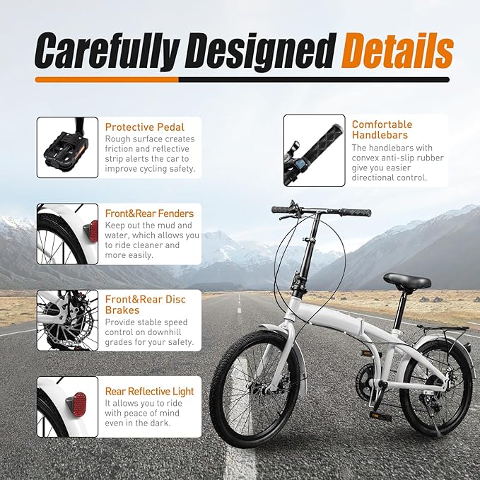 20 Inch Folding Bike 7 Speed Foldable Bicycle for Adults, Height Adjustable Folding Bike High Carbon Steel City Bicycle 25.6-33.8in, Adult Foldable Bicycle for Men & Women | US Stock