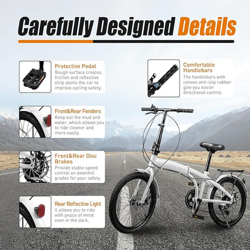20-Inch Folding Bike, Foldable Bike for Adults Adjustable Seat Height & Elevable Handlebars Store in The Trunk 7-Gear Transmission Front and Rear Disc Brakes for Traveling