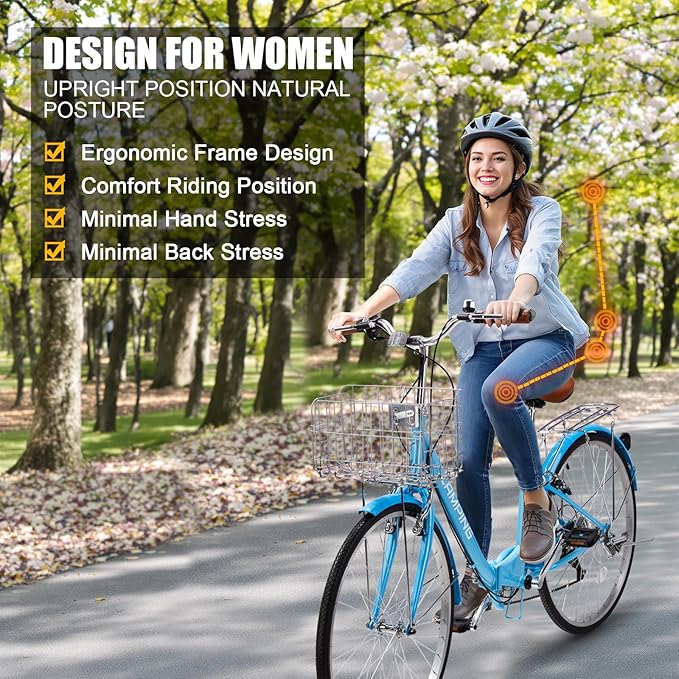 Foldable Cruiser Bike 7-Speed Cruiser Bike 26Inch Women Bicycle with Ergonomic Upright Frame, Effortless 7-Speed Shifting and Lightweight Design for Adult Men and Women