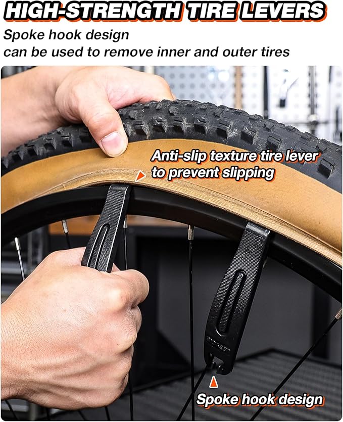 Bike Tire Repair Kit for Road & Mountain Bikes, Portable Inner Tube Patch Kit with Vulcanizing Patches, Glue & Rim-Safe Levers