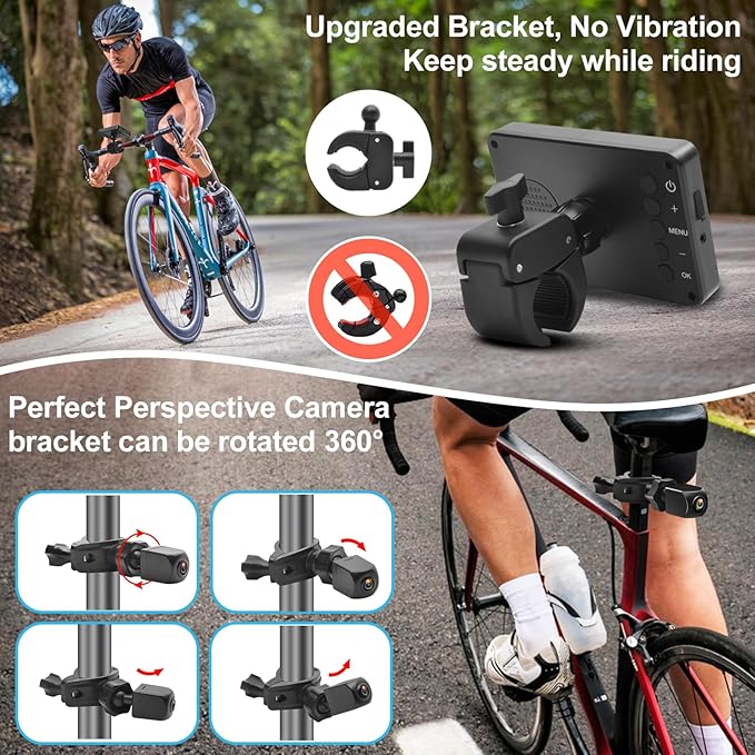 PARKVISION Bike Rear View Mirror,1080P AHD Bicycle Rear View Camera with 4.3''Screen,360°Rotatable Bracket, 5000mAh Battery Bike Handlebar Mirror with 110°Appropriate Angle for Most Bikes