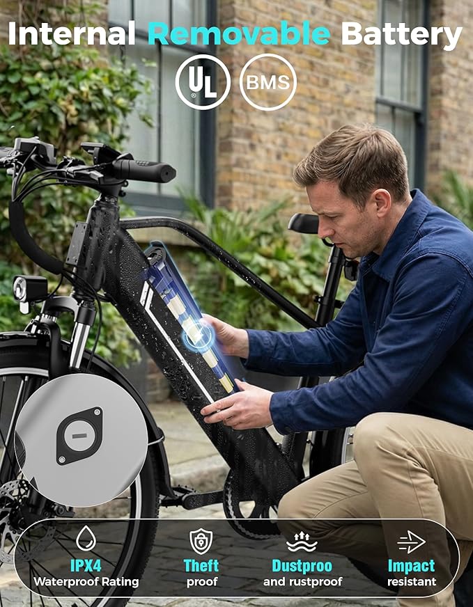 Jasion 26" Electric Bike for Adults, Internal Removable Battery Ebike with 3 Modes & 7-Speed, UL2849 Certified, 1200W Peak Motor, Max 28Mph & 50Miles, Shock Absorber, Electric City Commuter Bicycle