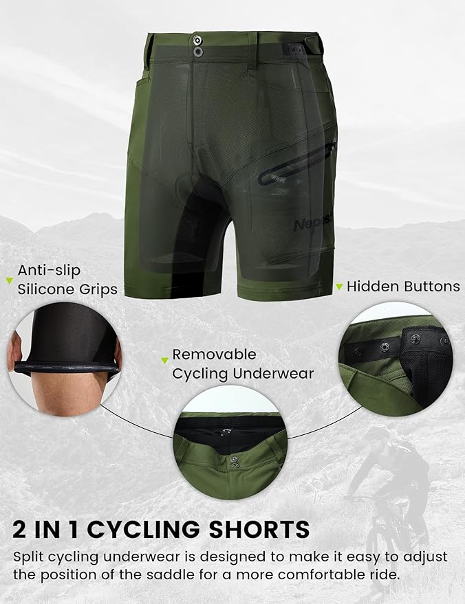 Nepest Mens Mountain Bike Shorts 3D Padded MTB Bicycle Riding Cycling Short Padding Liner Baggy Quick Dry,Zip Pockets