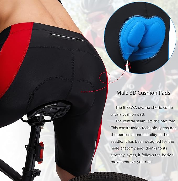 Bikewa Men's Bike Shorts 3D Padded Cycling Road Biking Mountain Riding Biker Bicycle UPF 50+ Cycle Shorts Zipper Pockets