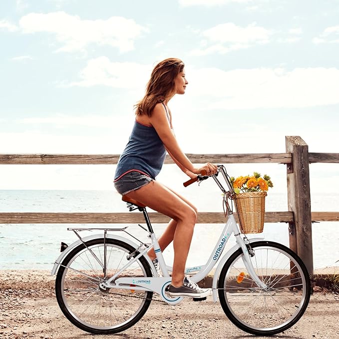 Betterland Beach Cruiser Bike for Women, 24/26 inch Hybrid Bike with Adjustable Seat, Womens Bike with Front Basket and Dual V-Brake, Step Through Comfort Bicycle for City Commuter