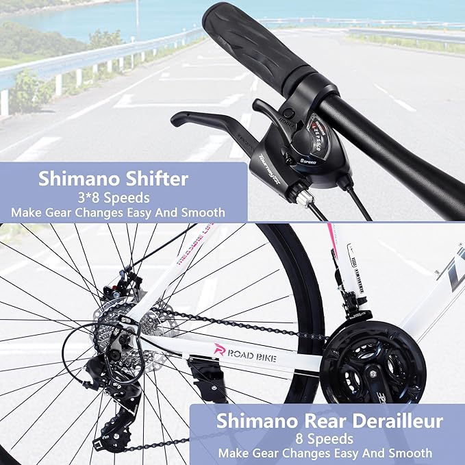 700C Road Hybrid Bike 24 Speed City Bicycle with Dual Disc Brakes, Aluminum Frame, Road Bike for Men Women Adult Comfortable Bicycle