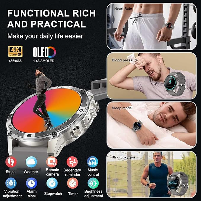 GPS Smartwatch for Men, 1.43" AMOLED Rugged Military Smart Watches Make/Answer Call, Sport Watch with 530 mAh Large Battery/3ATM Waterproof/Compass/Air Pressure/Altitude for Android iOS