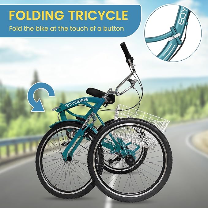 NAIZEA Folding Adult Tricycle - 7 Speed 20/24/26 Inch Folding Tricycle for Adult, 3 Wheel Bike, Foldable Trike with Large Basket/Low-Step Through for Men Women Senior