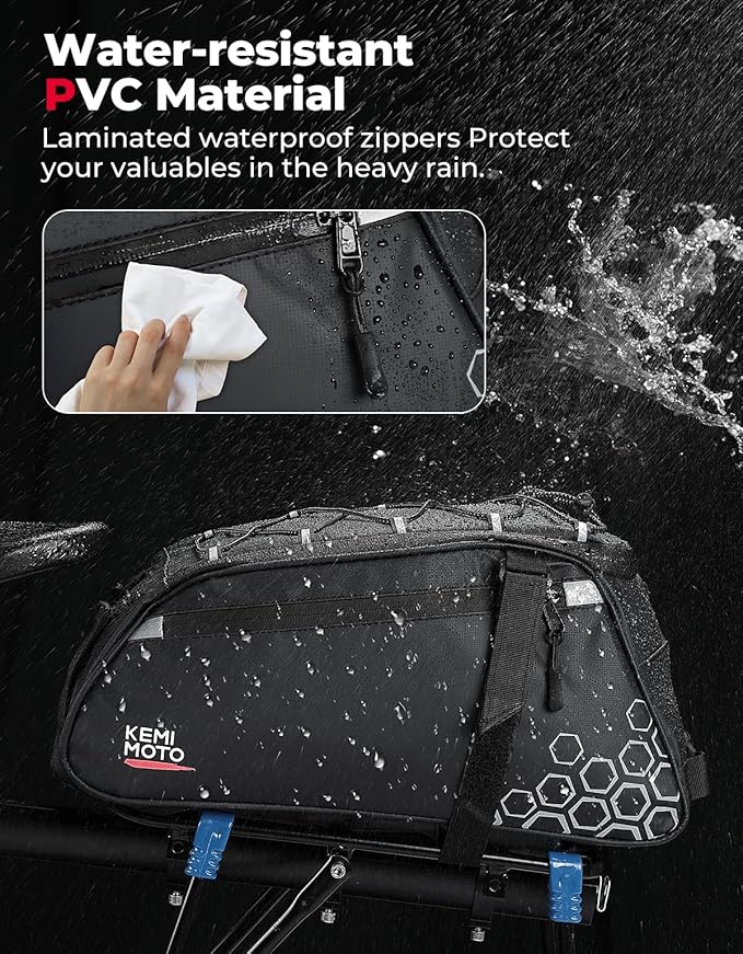 KEMIMOTO Rear Bike Rack Bag, 11L Water-resistant Trunk Bag 3-IN-1, Zippered Bicycle Backpack Shoulder Pannier Saddle Bag for Ebikes Cycling Commuting Travel Outdoor Camping