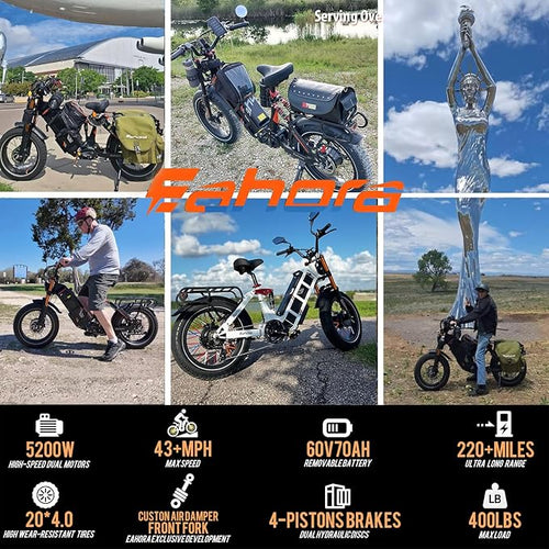 2026 eAhora Juliet Pro 2 EBike - Dual Motor 5400W/1200W 30-43MPH 60V 70Ah 200Mile Long Range Electric Bike for Adults, 20'' Fat Tire Fast Electric Mountain Bike Full Suspension Electric Bicycle