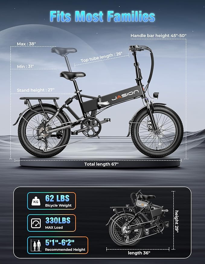 Jasion EB7 20" Foldable Electric Bike Fat Tire for Adults, 1200W Peak, 48V Removable UL-Certified Battery, 28MPH 55 Mi Range Commuter Electric Bike with Dual Suspension for City,Beach,Snow,Mountain