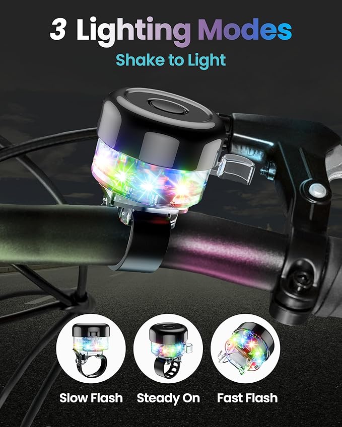 Bike Bell for Kids & Adults, LED Light Up Bike Bell Loud Crisp Sound Bicycle Bell with 3 Lighting Mode, Rechargeable Adjustable Strap Bike Accessories Fits Most City Bike Mountain Bike Children's Bike