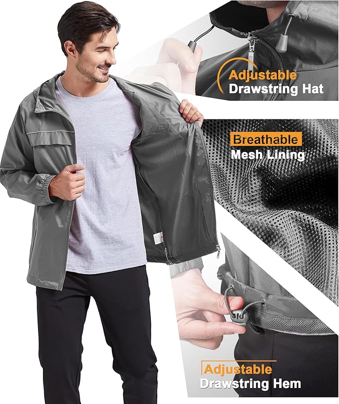 GEEK LIGHTING Rain Jacket Men Lightweight Waterproof Jackets Packable Windbreaker Hooded Raincoat for Golf Cycling Outdoor