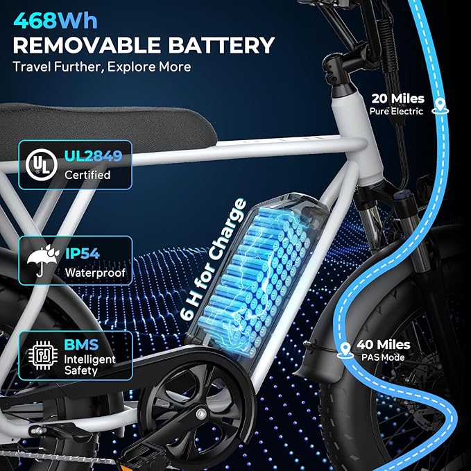 T63 Multi-Color Electric Bike for Adults & Teens, 1000W Peak Motor, 20MPH 468Wh Remove Battery,20"x4"Fat Tire Ebike, Moped Style Comfortable Electric Bikes,Long Seat E Bikes for All-Terrain