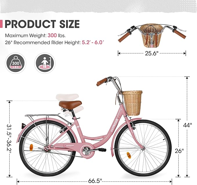 Outroad Comfort Bike for Women, 24/26 Inch Commuter Bicycle for Adult Men and Women, High-Carbon Steel Comfortable City Bikes with Rear Rack or Basket