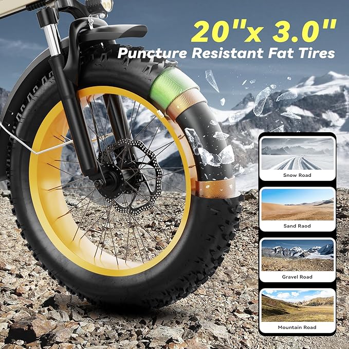 Foldable Electric Bike for Adults, 30+MPH, 48V 20Ah Removable Battery up to 80Miles, 20" Fat Tire Peak 1000W Motor Dirt Ebike Adult Electric Bicycle for City Commute Beach Mountain E Bike Yellow