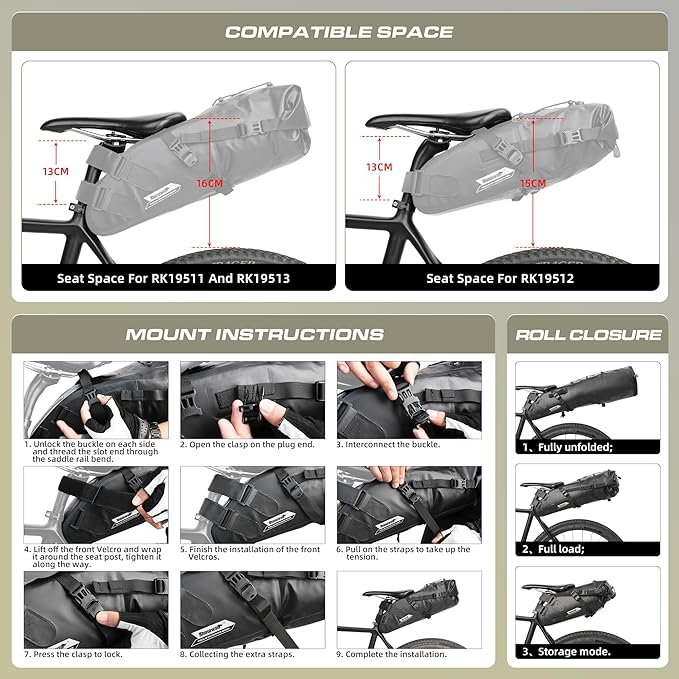 Rhinowalk Bike Saddle Bag 1.5/2.5/5/10/13L Waterproof Bicycle Bag Cycling Seat Bag Mountain Road Portable Storage Bag