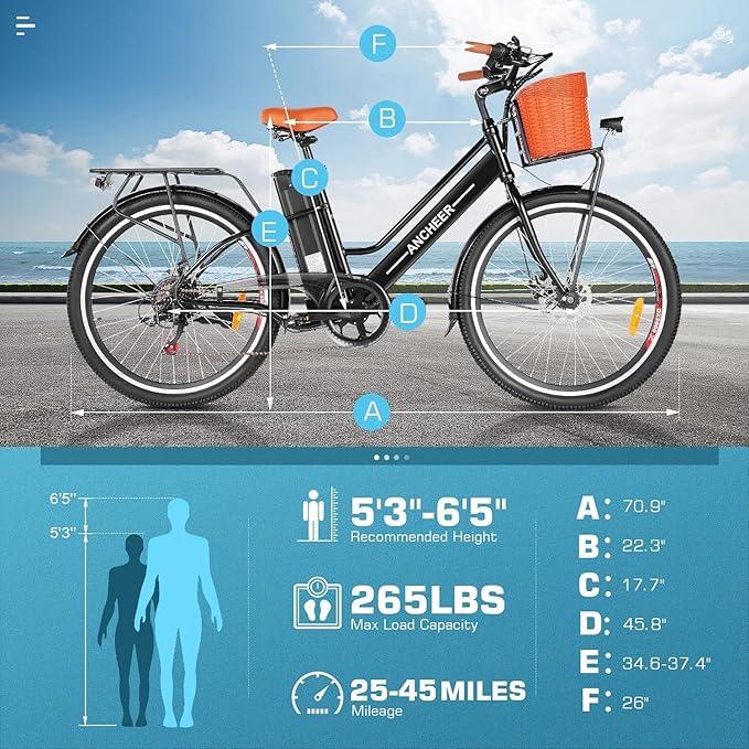 ANCHEER 26'' Electric Bike for Adults, Peak 750W Low Frame Electric City Bike with 48V/374Wh Battery, Up to 50Miles Step Through Commuter Ebike/Electric Bicycle with Basket, LCD Display
