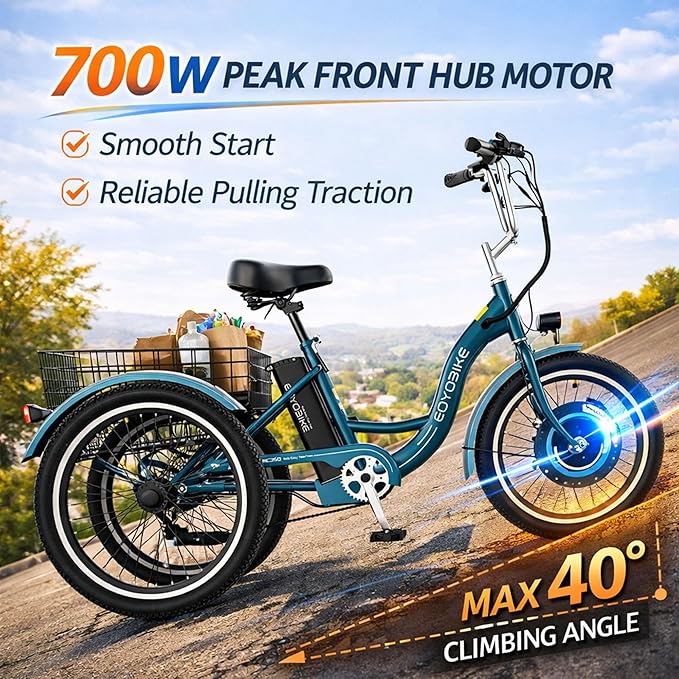 MOONCOOL MONCOOL Adult Electric Tricycle, 350W Front Drive Motor (Peak 700W), 15.5MPH E-Trike with Removable 36V 14.5Ah Battery, 60 Miles Range, 24/26 Inch 7-Speed 3 Wheel Electric Bike, Large Basket