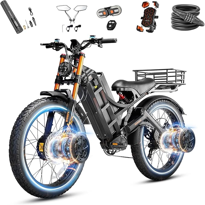 eAhora 2026 Romeo Pro 3 5600W 50Mph High-Torque Ebike, 60V 80Ah 250-Mile Long Range Electric Bike for Adults, Adjustable Air Suspension, 26'' Puncture-Proof Tire, UL 2849 Certified by TÜV