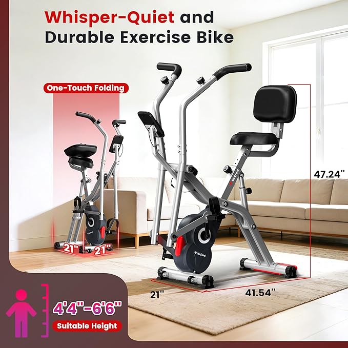 Foldable Exercise Bike, Multifunctional Indoor Stationary Bikes for Home with 8-Level Magnetic Resistance, Quiet Workout Bike with Arm Resistance Bands, LCD Monitor, 300LBS Capacity