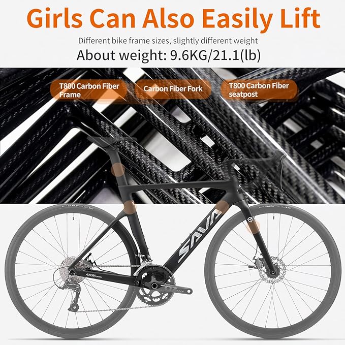 SAVADECK Carbon Disc Road Bike, Integrated Design Racing Bicycle Carbon Frame Carbon Fork with Shimano SORA R3000 Derailleur System 18 Speed Disc Brake Road Bike for Men or Women.