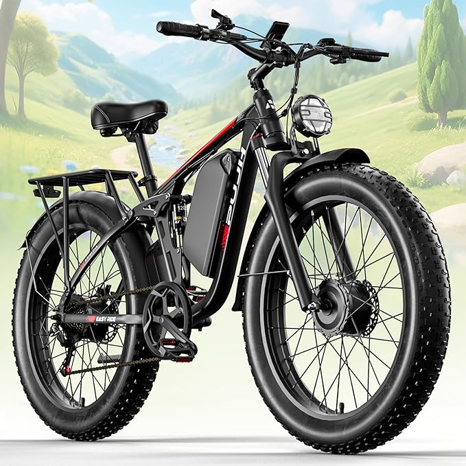 Electric Bike, 52V 25Ah 4000W Dual Motors, 24" Fat Tires Adult, 38mph Up to 110 Mile Range, Full Suspension, Hydraulic Brakes Class 3 Ebike, for Off-Road Mountain Riding Adventures