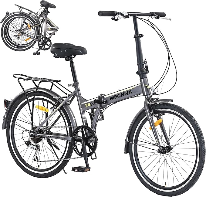 Folding City Commuter Bike for Adults, 24 Inch Bike 7 Speed Transmission System & Double V-Brakes Steel Light Weight Frame, Rear Carry Rack, for Men and WomenTeen, Quick Assembly in 20 Minutes