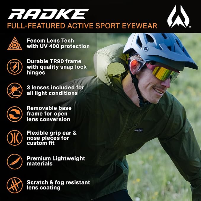 Wildhorn Radke MTB Cycling Glasses, UV400 Sports Ski Running Sunglasses for Women & Men, Baseball Glasses w/3 Swap Lenses