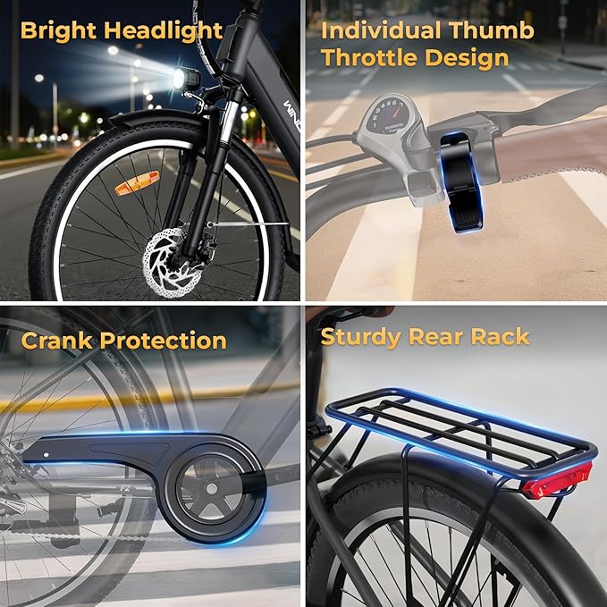WINDHORSE 26" Electric Bike for Adults 20MPH & 30-50 Miles Range, Shimano 7-Speed, 468WH Removable Battery Commuter Ebike with 750W Peak Motor, Front Suspension, Rear Rack, Fenders, UL2849 Certified