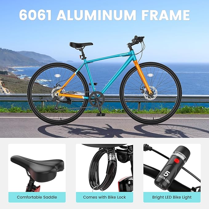 NAIZEA 700C Hybrid Bike for Adults, Aluminum Frame Step-Over Bicycle, 8-Speed Vintage Retro Road Bike for Men and Women, City Commuter Cycling, Multiple Colors