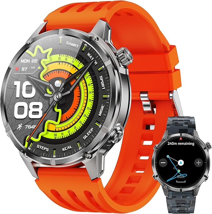 WalkerFit GPS Smart Watch for Men, Multi-Satellite Positioning, Full Metal Body, 520mAh Long Battery Life, 5ATM Waterproof with Bluetooth Call, 1.43” AMOLED Screen, for iPhone/Android, Orange