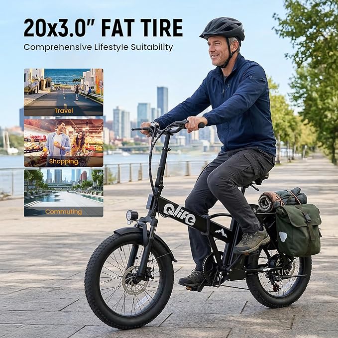 Qlife Hunter Foldable Electric Bike for Adults, Peak 1200W Ebike with 48V 13.5Ah Battery, 65-Mile Range, Heavy-Duty Rear Rack, 20-Inch Fat Tires, Folding E Bike for Commuting & Outdoor Use