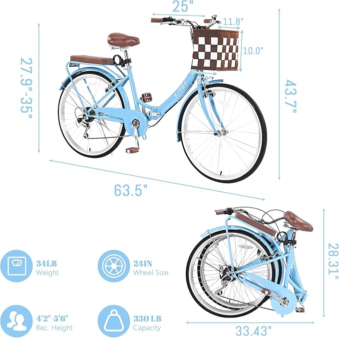 24/26 Inch Foldable Beach Cruiser Bike for Women, 7 Speed Folding Bikes for Adults, Womens City Bike with Basket & Adjustable Seat, Step Through Commute Bikes for Women Adults